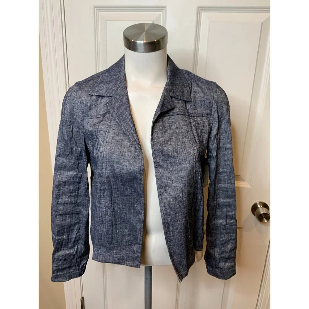 Theory Dark Wash Chambray Denim Lightweight Cropped Linen Jacket, Size Small